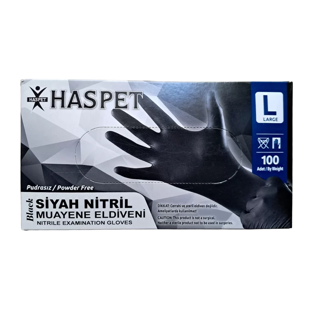 Haspet L Beden Siyah Nitril Muayene Eldiveni - 100'lü Paket