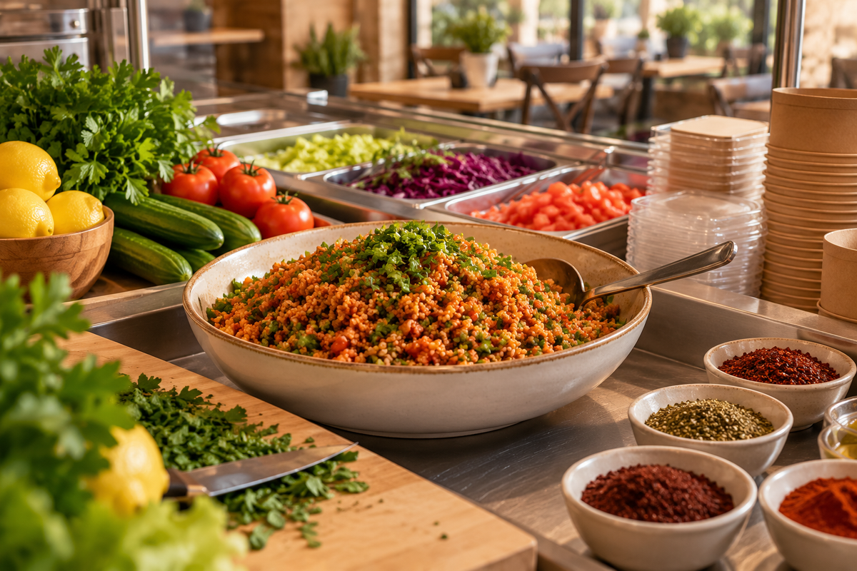 Kafe hazırlık tezgahında kısır, baharatlar ve paket servis kapları