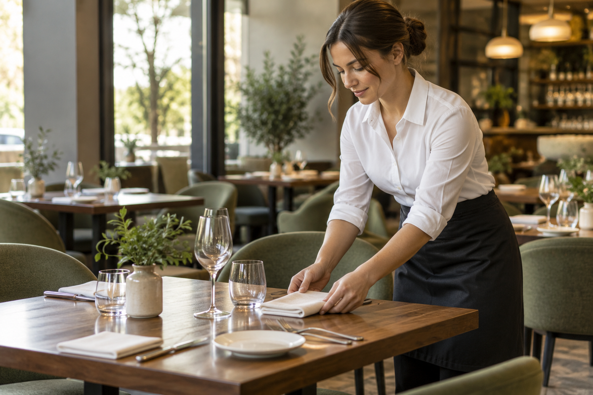 Servis öncesinde sofraya peçete yerleştiren restoran çalışanı