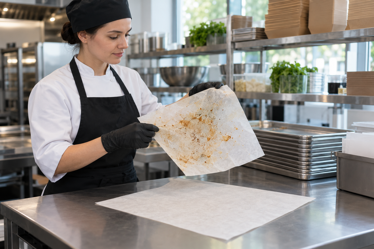 Restoran mutfağında kullanılmış yağlı kağıdı kontrol eden çalışan