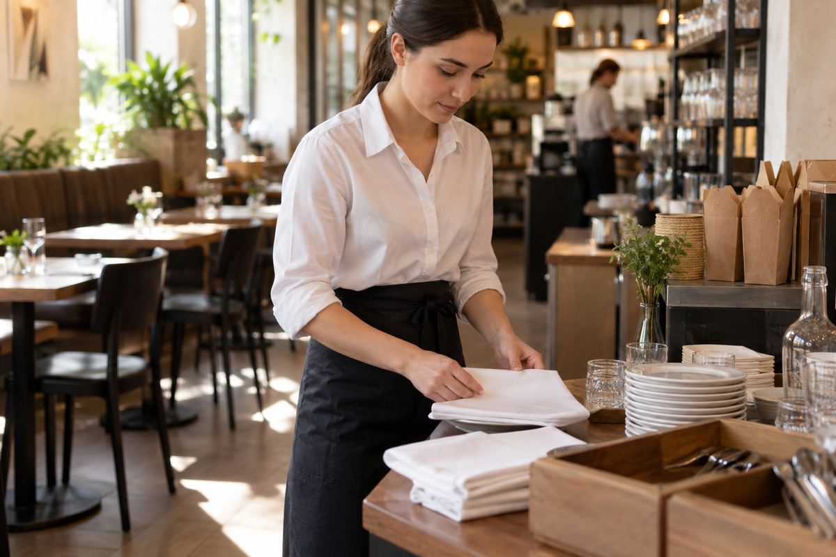 Kafe servis alanında masa düzeni için peçete katlayan çalışan