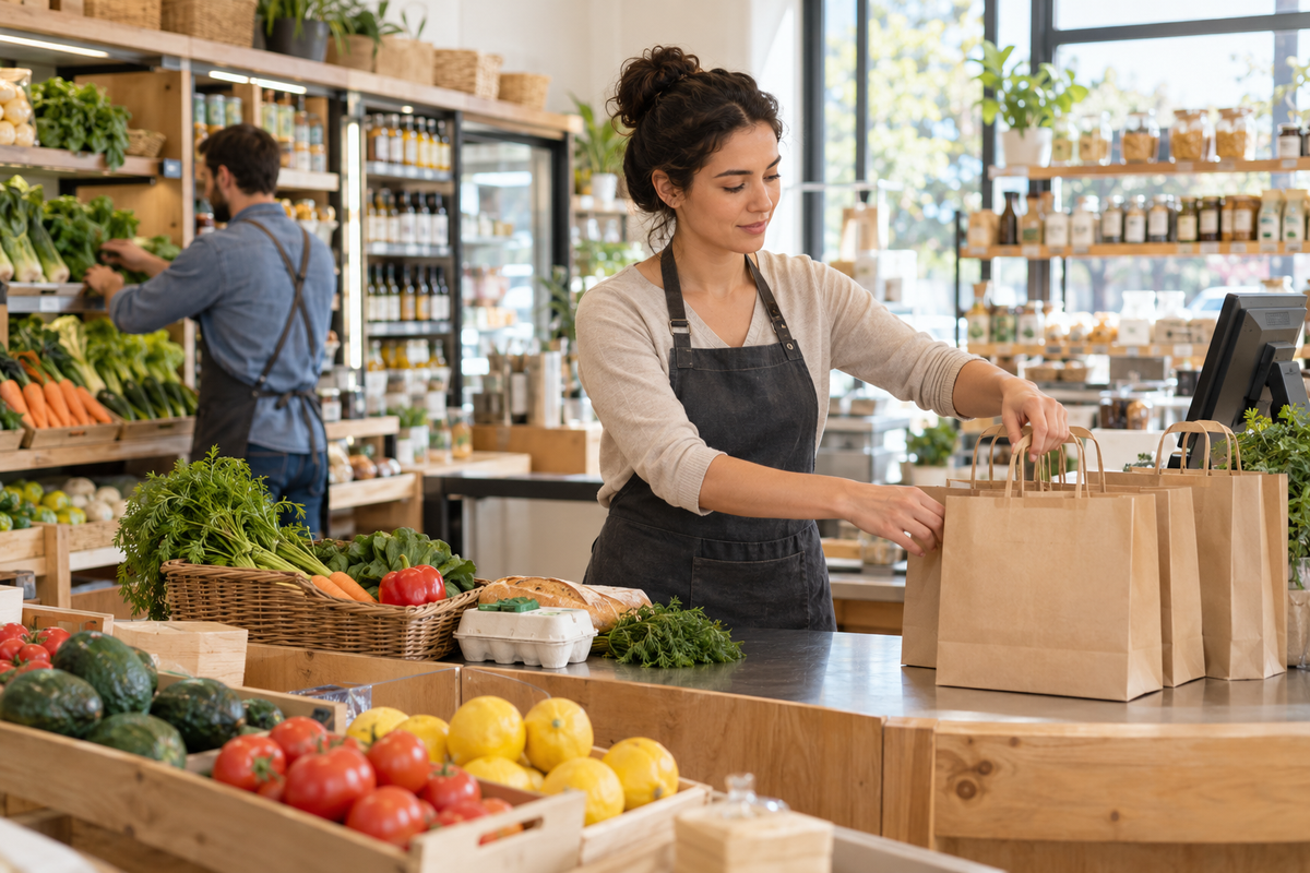 Market kasasında poşetleri düzenleyen işletme çalışanı