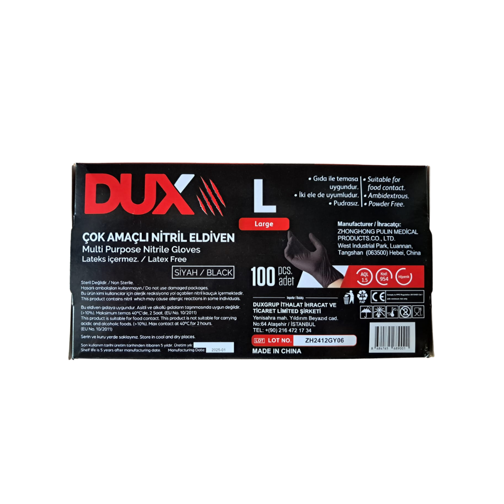 Dux L Beden Siyah Nitril Muayene Eldiveni - 100'lü Paket