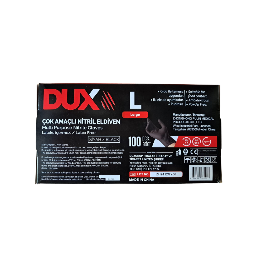 Dux L Beden Siyah Nitril Muayene Eldiveni - 100'lü Paket