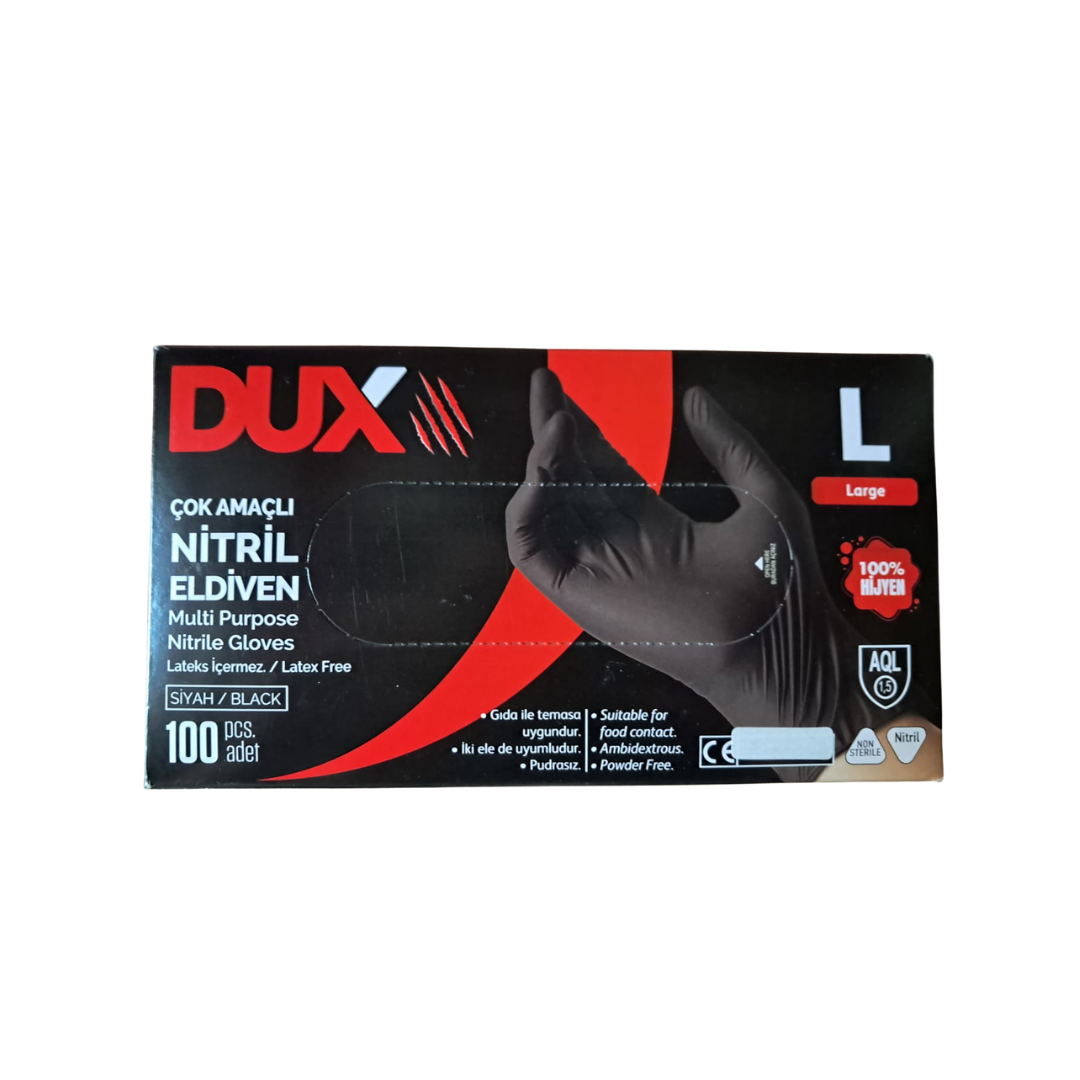 Dux L Beden Siyah Nitril Muayene Eldiveni - 100'lü Paket
