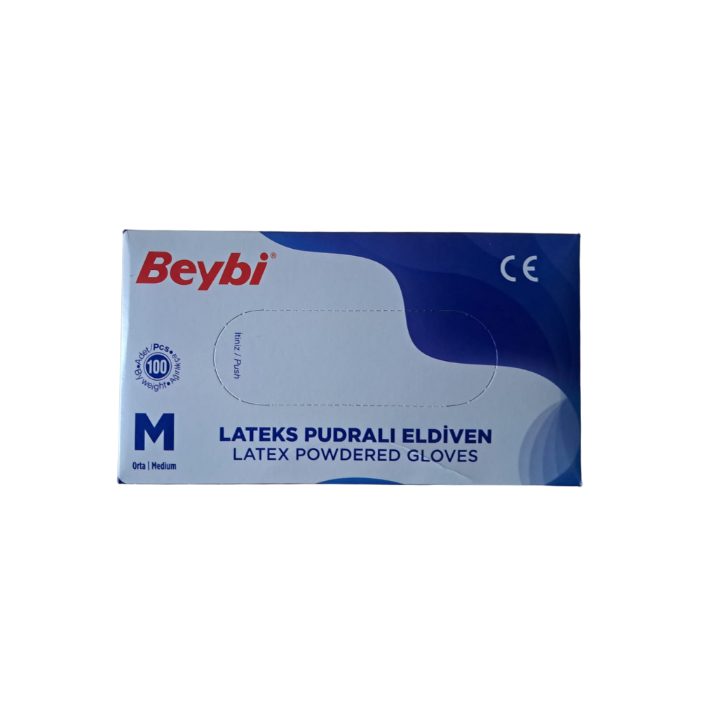 Beybi M Beden Pudralı Lateks Muayene Eldiveni - 100'lü Paket