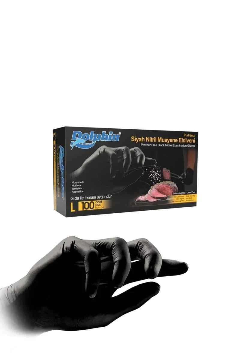 Dolphin L Beden Siyah Nitril Muayene Eldiveni - 100'lü Paket