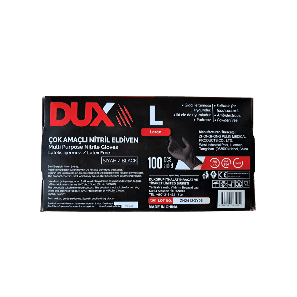 Dux L Beden Siyah Nitril Muayene Eldiveni - 100'lü Paket - Şengür Plastik
