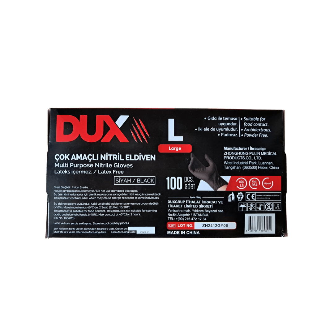 Dux L Beden Siyah Nitril Muayene Eldiveni - 100'lü Paket - Şengür Plastik