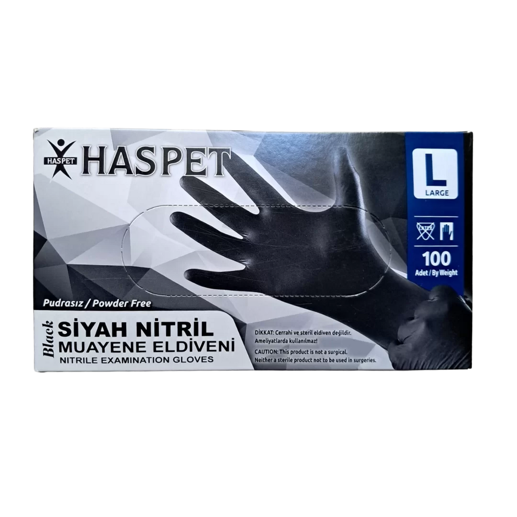 Haspet L Beden Siyah Nitril Muayene Eldiveni - 100'lü Paket