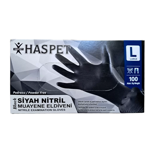 Haspet L Beden Siyah Nitril Muayene Eldiveni - 100'lü Paket