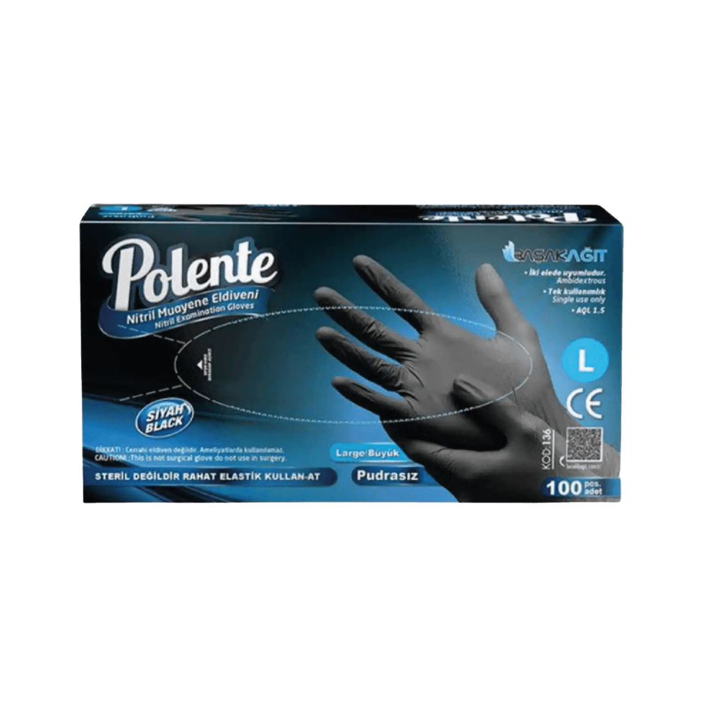 Polente L Beden Siyah Nitril Muayene Eldiveni - 100'lü Paket - Şengür Plastik